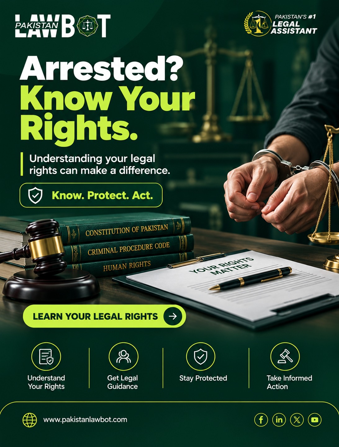 Pakistan Law Bot social creative explaining legal rights after arrest