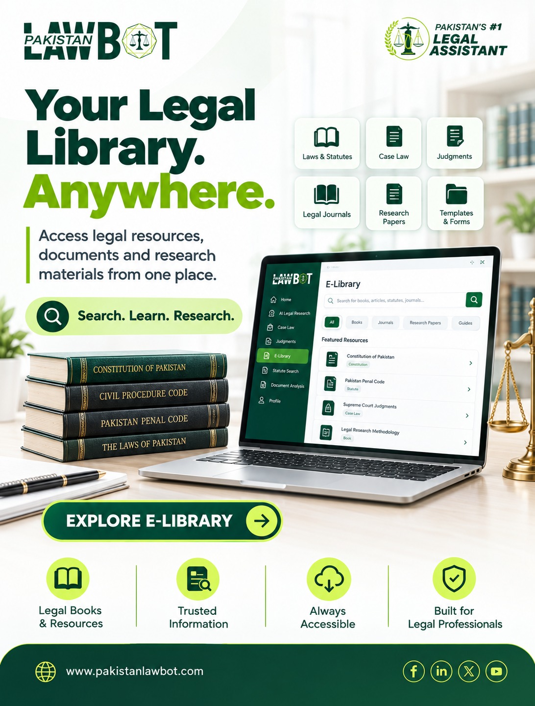 Pakistan Law Bot social creative presenting a legal library