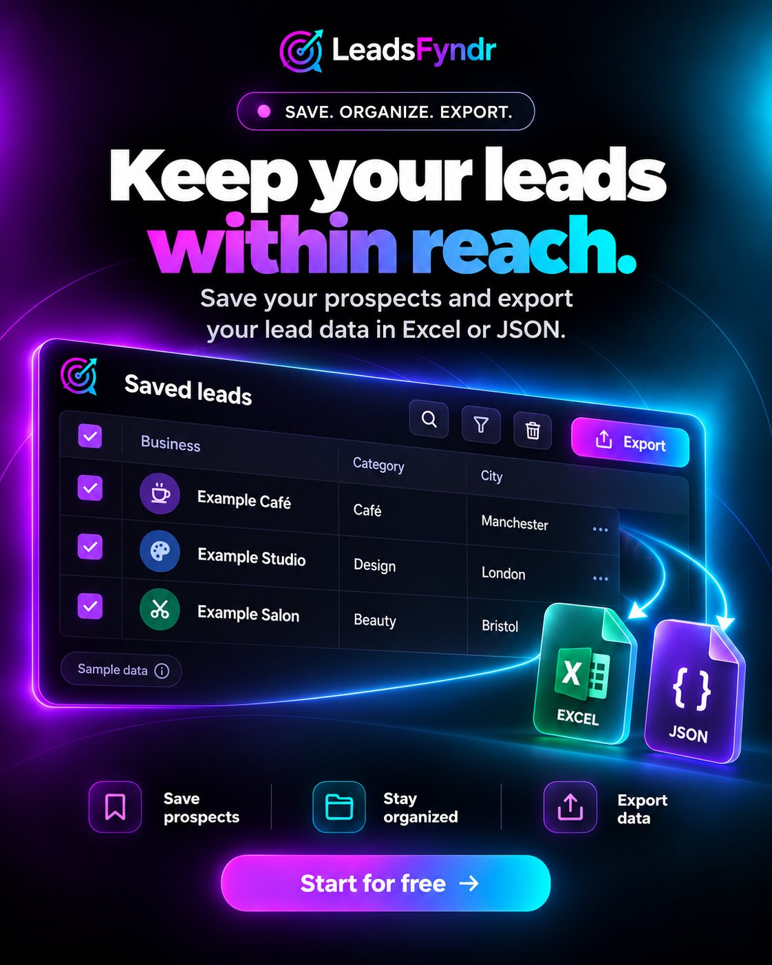 LeadsFyndr social creative about organizing leads within reach