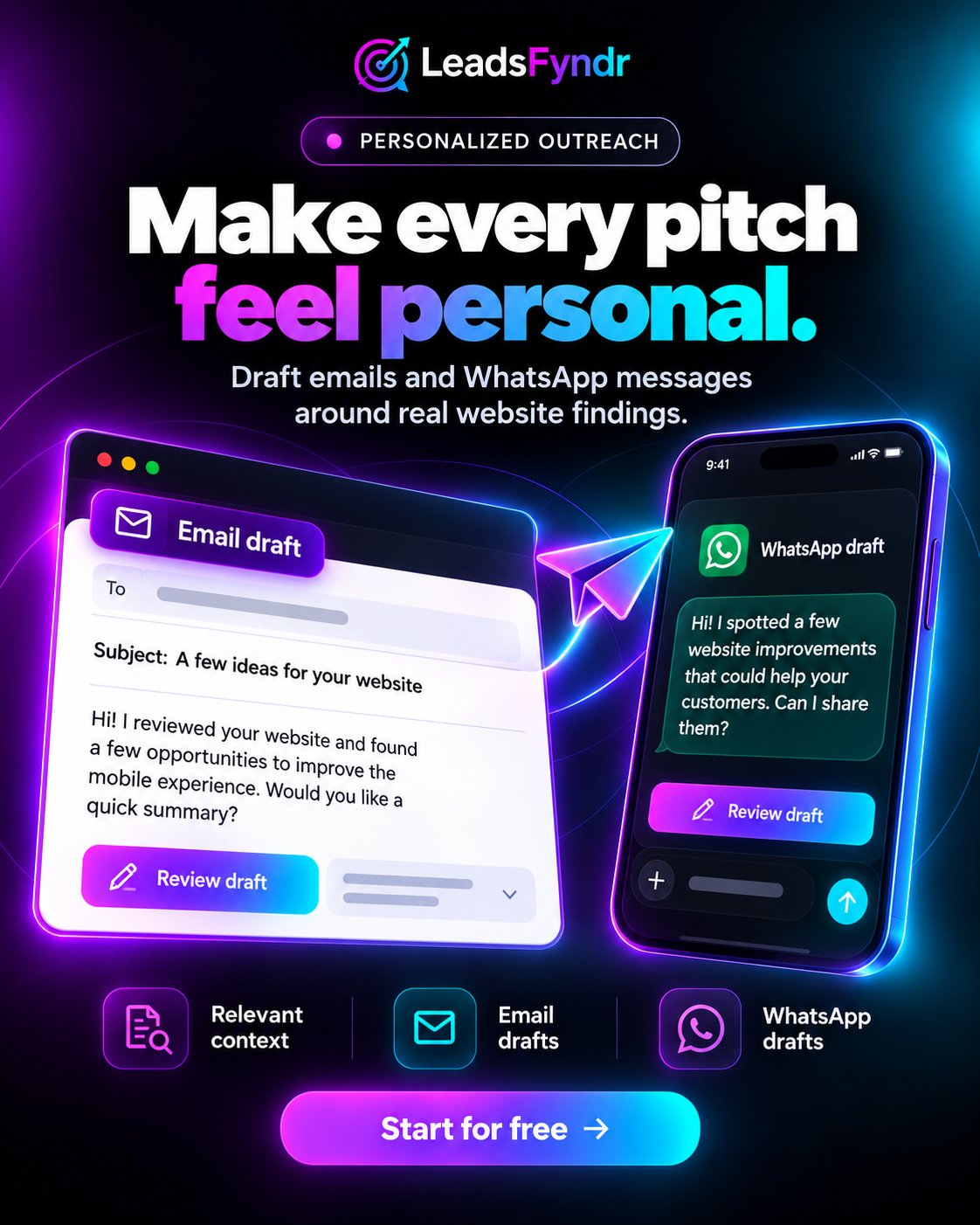 LeadsFyndr social creative about personalized outreach pitches